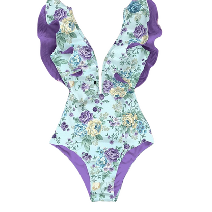 Women's floral print swimming costume with ruffles