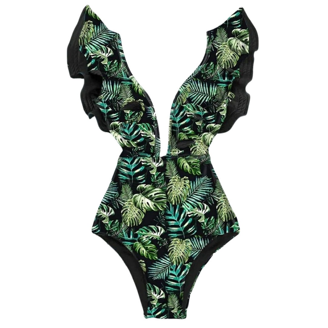 Women's floral print swimming costume with ruffles