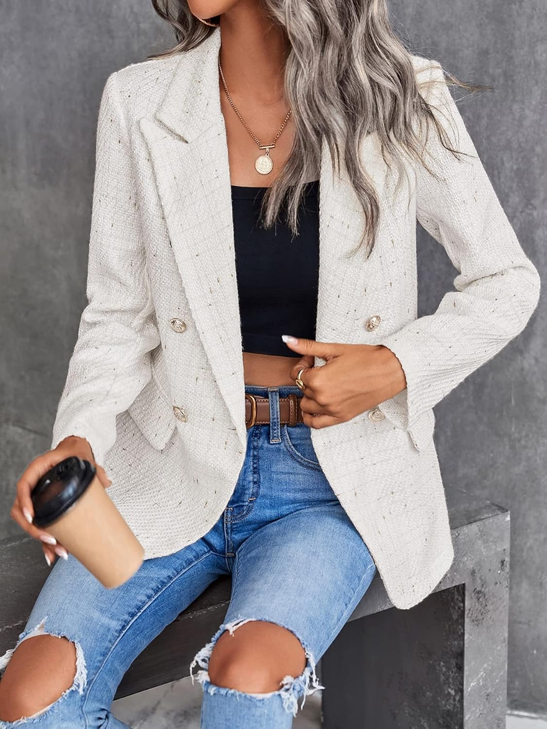 Women's double-row tweed blazer