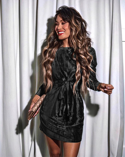 Women's Holiday Dress with Bow Waist and Long Sleeves for Festive Occasions