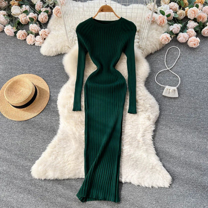 Long-sleeved knitted pencil dress for women