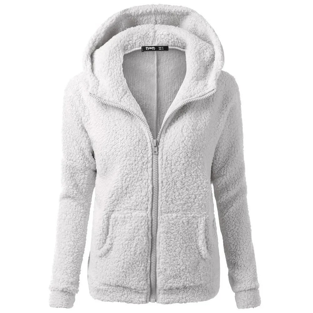 Winter fleece jacket with hood for ladies