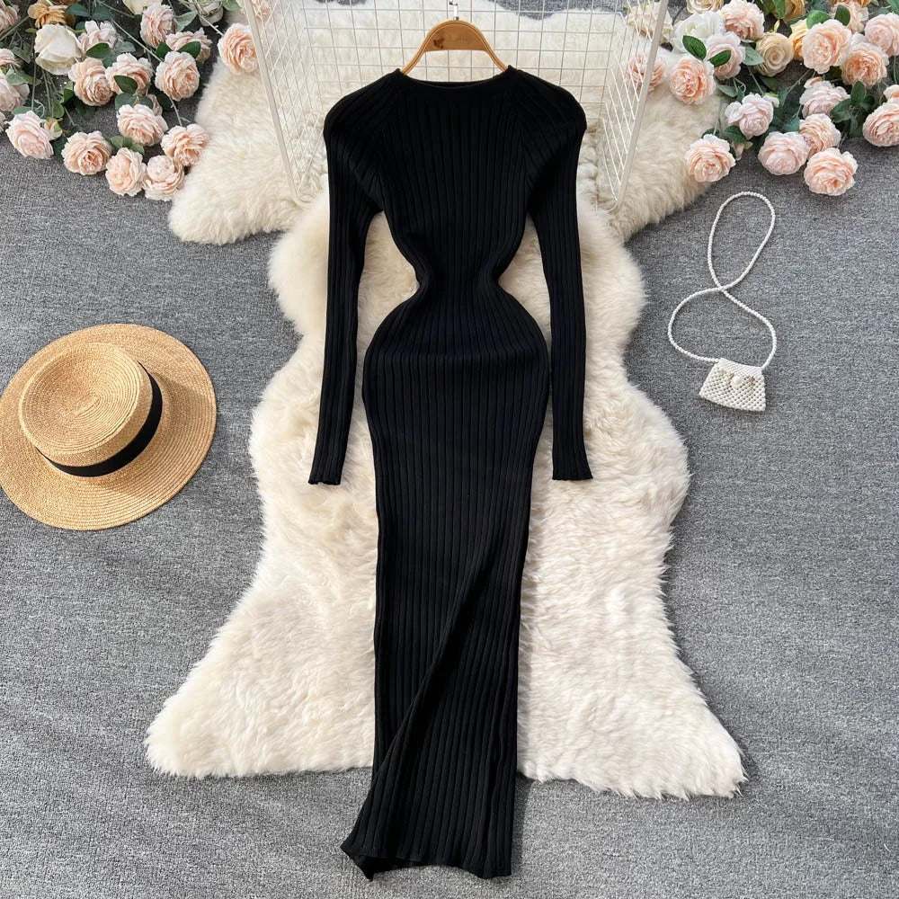 Long-sleeved knitted pencil dress for women