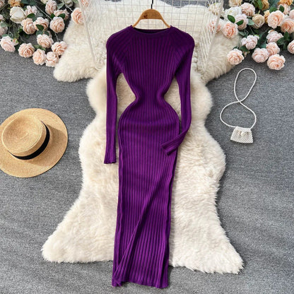 Long-sleeved knitted pencil dress for women