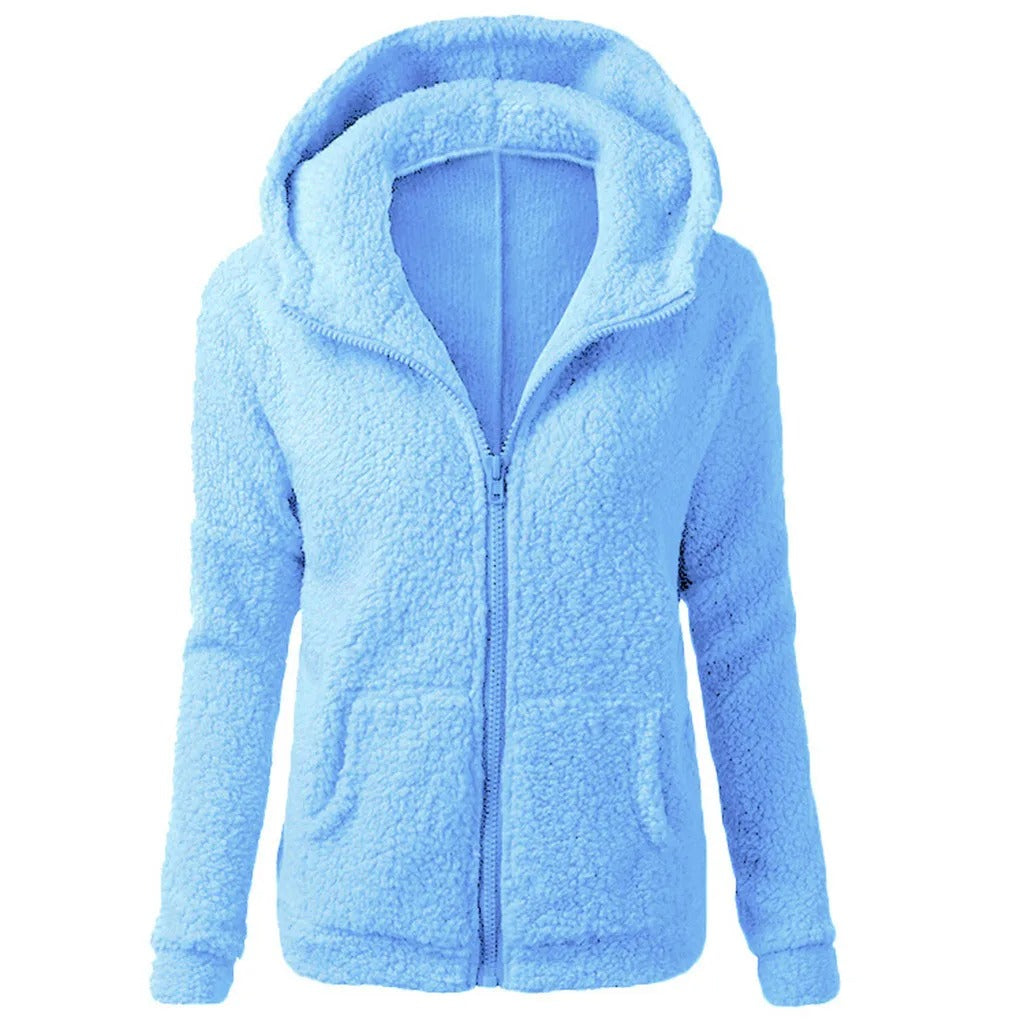 Winter fleece jacket with hood for ladies