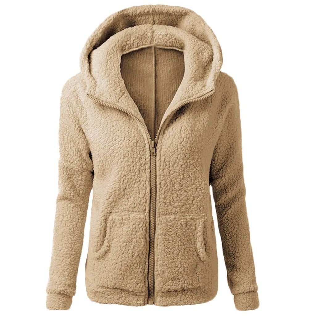 Winter fleece jacket with hood for ladies