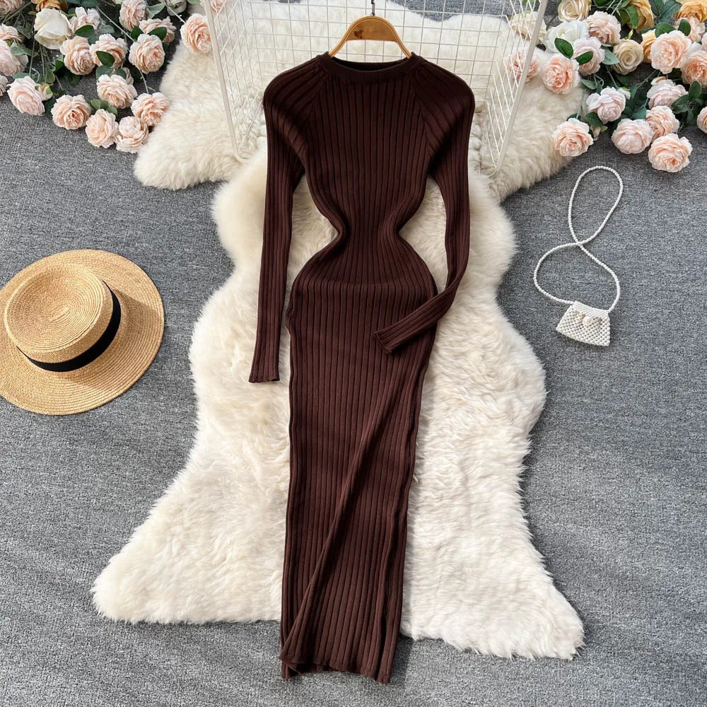 Long-sleeved knitted pencil dress for women