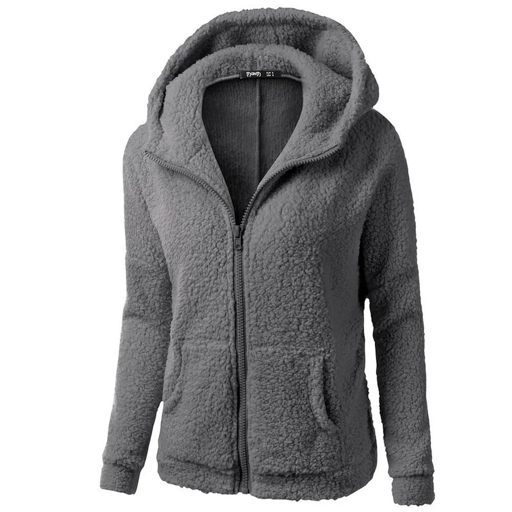 Winter fleece jacket with hood for ladies