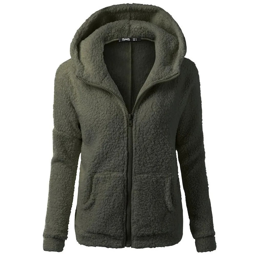 Winter fleece jacket with hood for ladies