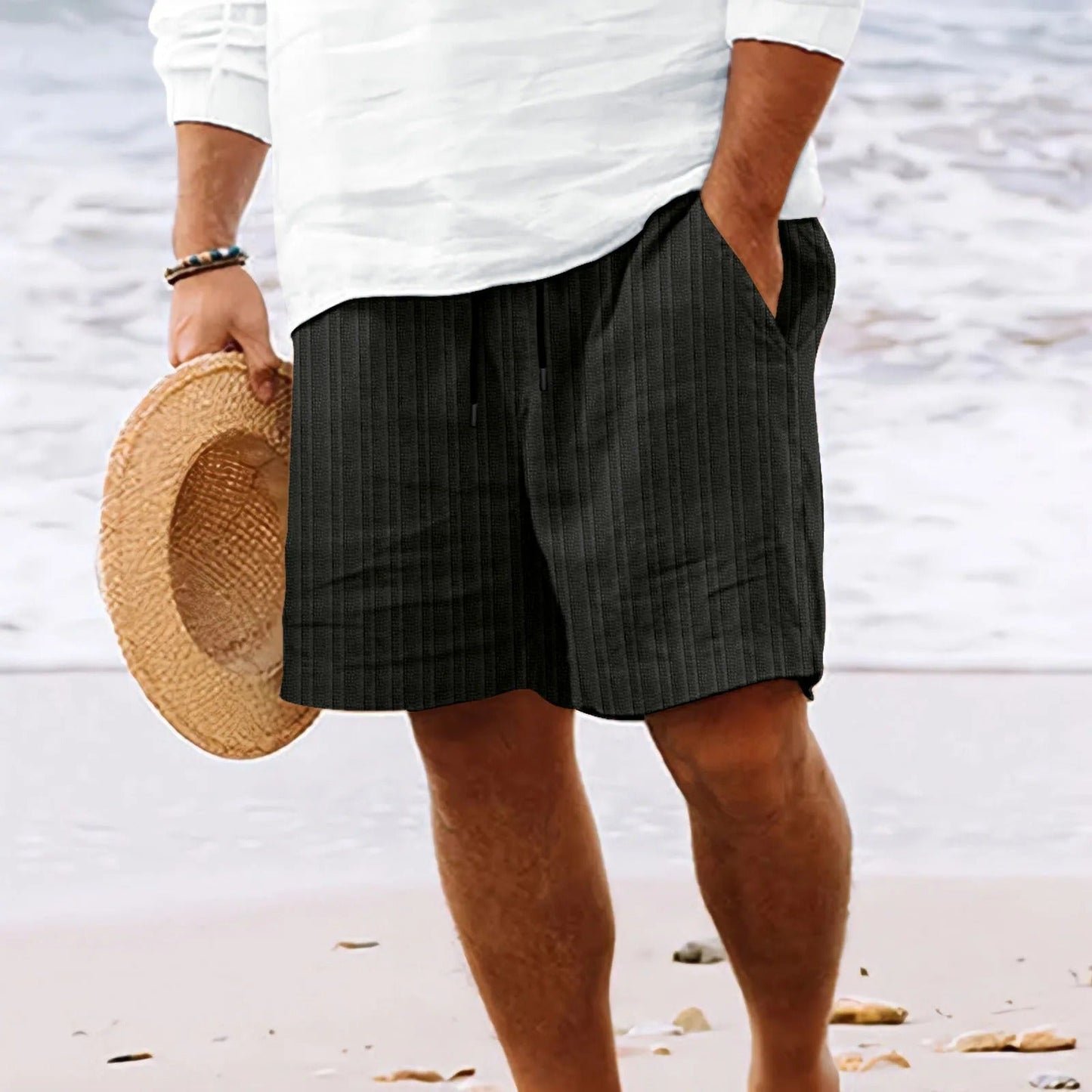 Men's casual shorts with striped jacquard drawstring