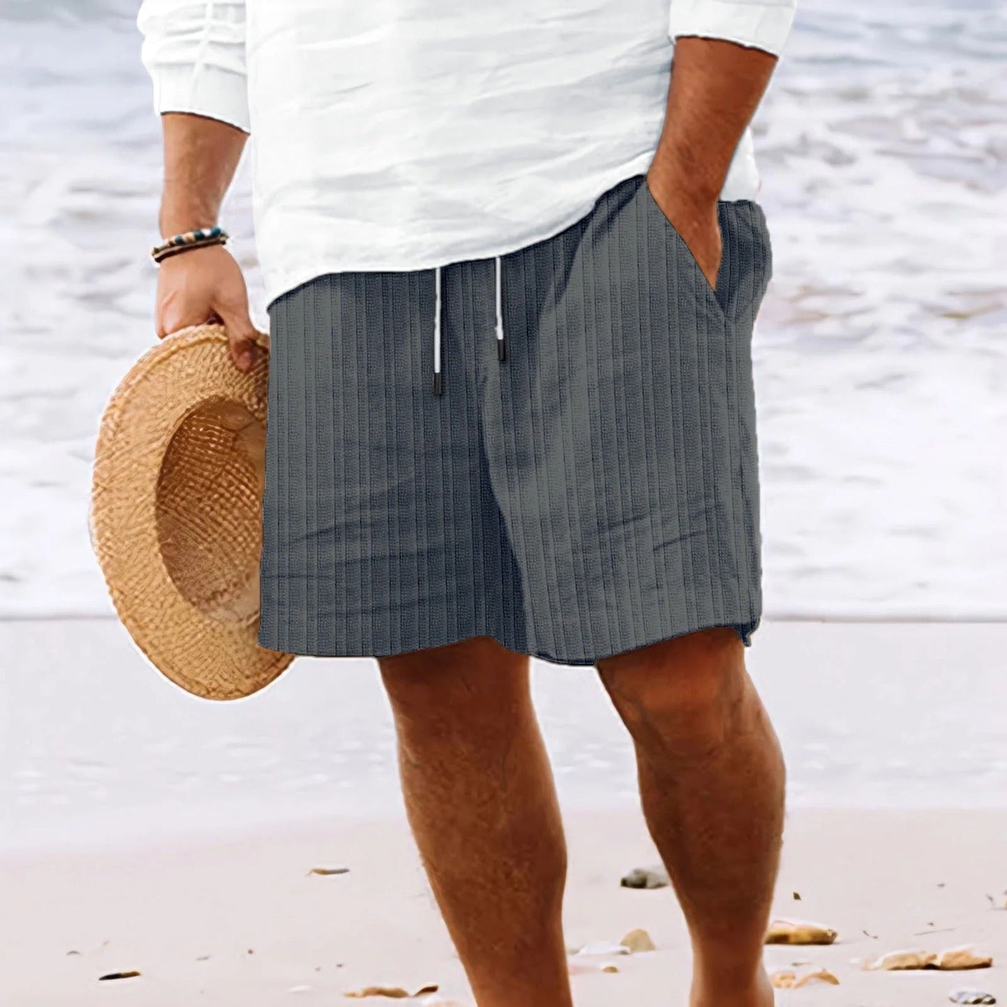 Men's casual shorts with striped jacquard drawstring